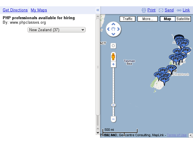 KML overlay object used to load markers of PHP professionals into My Maps in Google Maps